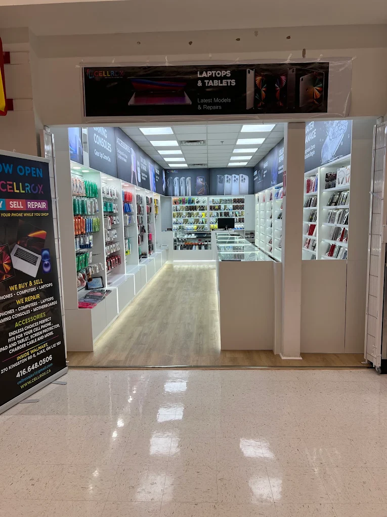Wall of phone cases and mobile accessories at the CellRox Ajax store inside Walmart Supercentre